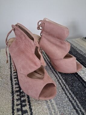 So Me Dusty Rose Suede Peep-Toe Lace-Up Heels